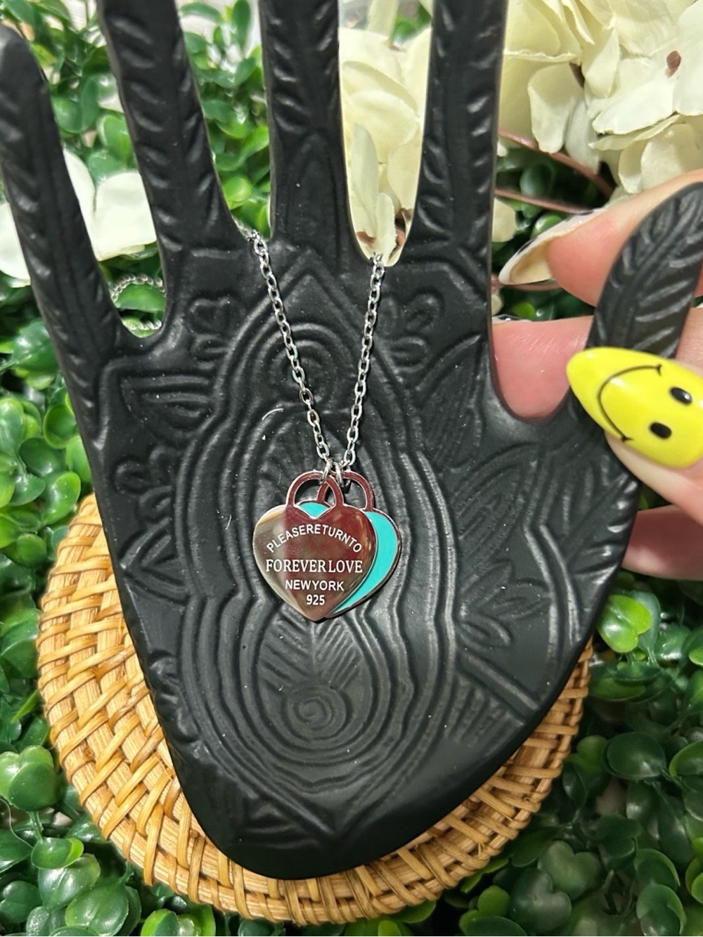 Forever Love Double Heart Pendant Necklace in Aqua and Silver steel 316L
